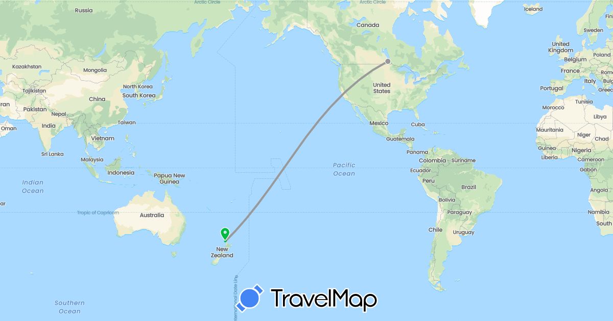 TravelMap itinerary: driving, bus, plane in Canada, New Zealand (North America, Oceania)
